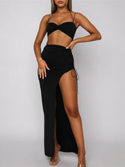 Suspender Tank Top Pleated High Split Skirt Two Piece Set