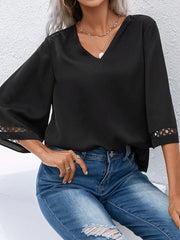 V-neck Pullover Lace-paneled Mid-sleeve Shirt
