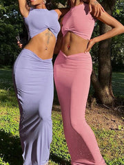 Round Neck Navel Exposed High Waist Hip Wrapped Skirt Suit