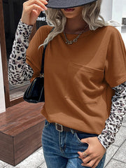 Camiseta informal holgada de manga larga con estampado de leopardo y panel de gofre