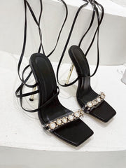 Rhinestone Roman Cross Strap Metal Stiletto Heel Sandals
