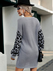 Vintage Knit V-Neck Patchwork Leopard Sweater Dress