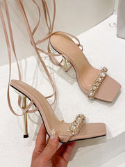 Rhinestone Roman Cross Strap Metal Stiletto Heel Sandals