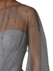 Vestido de noche tipo riñonera con perla y malla en la parte superior del tubo