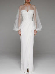 Vestido de noche tipo riñonera con perla y malla en la parte superior del tubo