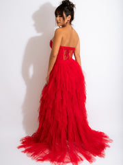 Vestido de noche sexy con top de tubo y malla de encaje