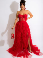 Vestido de noche sexy con top de tubo y malla de encaje