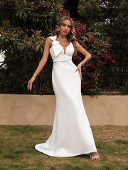 White Bow Tie V-Neck Trailing Evening Dress