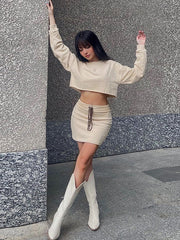 Casual Crew Neck Long Sleeve Top Slim Fit Lace Up Skirt Set