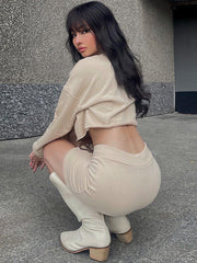 Casual Crew Neck Long Sleeve Top Slim Fit Lace Up Skirt Set