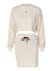 Casual Crew Neck Long Sleeve Top Slim Fit Lace Up Skirt Set