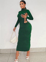 Statement Popcorn Kleid mit seitlichem Ausschnitt und Krawatte, Rollkragen und langen Ärmeln