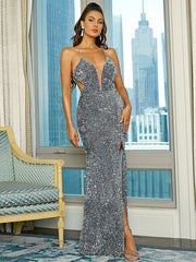 V-neck Hepburn-style Ladies Suspender Sequined Evening Dress