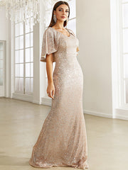 Vestido de noche para banquete con escote en V y mangas chal con lentejuelas