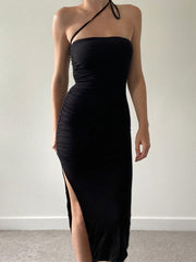 Slim Fit Backless Split Pleated Strapless Dress