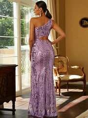 Ein-Schulter-Temperament und sexy Pailletten schlanke kleine Schleppe lila Abendkleid