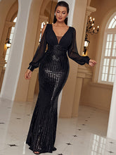 Edles Hepburn Abendkleid mit V-Ausschnitt, langen Ärmeln, Fischschwanz und Pailletten