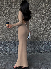 Temperament Aushöhlen Rundhals Langarm Schlank Kleid