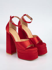 Plateau-Stiletto-Riemen mit quadratischer Zehenpartie und offener Zehenpartie, Schnalle und klobigen High Heels