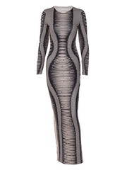 Bedrucktes, langärmliges, schmal geschnittenes Kleid mit Schlitz