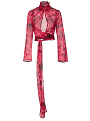 Cross V-Neck Chiffon Print Lace-Up Top