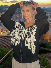 Wings Print Loose Zip Cardigan Sweatshirt Jacket