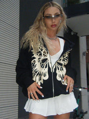 Wings Print Loose Zip Cardigan Sweatshirt Jacket