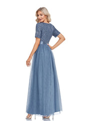 V-Ausschnitt Pailletten Tüll A-Linie Elegantes Ballkleid Mode Party Abendkleid