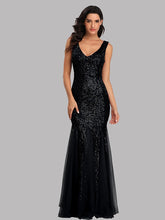 Sequin Panel Mesh Mermaid Evening Dress Double V Neck Sleeveless Shiny Bridesmaid Dress