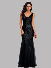 Sequin Panel Mesh Mermaid Evening Dress Double V Neck Sleeveless Shiny Bridesmaid Dress