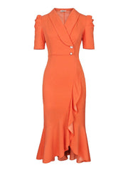 Falda larga ajustada con cuello de traje, cintura en V profunda, mangas abullonadas y volantes