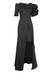 Langes Kleid mit V-Ausschnitt, Puffärmeln, Schlitz und hoher Taille, sexy Bankettkleid