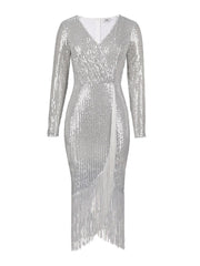 Sequined High Stretch Slit Fringe Dress Cocktail Evening Dress