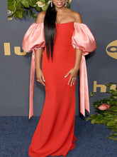 Vestido de fiesta ajustado con escote tubo, espalda descubierta, mangas farol y lazo en contraste