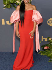 Tube Top Rückenfreies Binden Laternenärmel Schmales Kontrast Partykleid