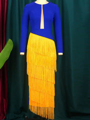 Vestido de fiesta de cintura alta con flecos en contraste, manga larga y cuello redondo