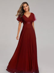 Vestido de noche de gasa para dama de honor, con escote en V y mangas acampanadas