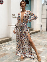 Vintage Kleid mit Schnürung an der Taille, V-Ausschnitt, großem Swing-Print