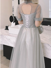 Temperament Grau Fee Tüll Brautjungfer Kleid Abendkleid