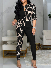 Conjunto de dos piezas de camisa informal de manga larga con solapa y estampado de bloques de color