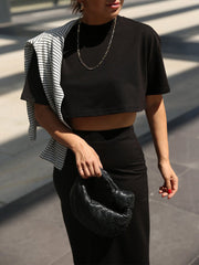 Rundhalsausschnitt, kurzes T-Shirt, Oberteil, hohe Taille, Hüftrock, zweiteiliges Set