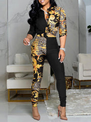 Conjunto de dos piezas de camisa informal de manga larga con solapa y estampado de bloques de color