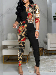 Conjunto de dos piezas de camisa informal de manga larga con solapa y estampado de bloques de color