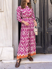 Elegant Printed Round Neck Long Sleeve High Waist Dress