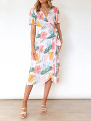 V-Ausschnitt Bandage Unregelmäßig Kurzarm Bedrucktes Kleid