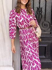 Elegant Printed Round Neck Long Sleeve High Waist Dress