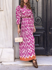 Elegant Printed Round Neck Long Sleeve High Waist Dress