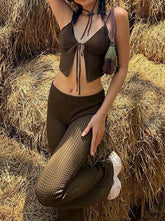 Trägerloses Oberteil mit Schnürung, schmal geschnittenes Set mit gerader Hose