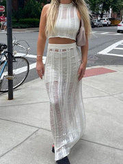 Sleeveless Open Navel Top Slim Cut Skirt Suit