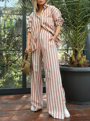 Conjunto de dos piezas de camisa de manga larga con solapa a rayas, pantalones de pierna ancha y cintura alta con abertura